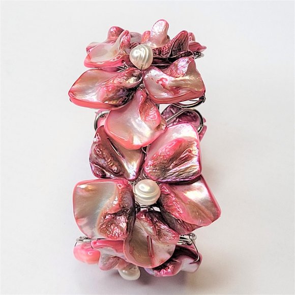 Pink Cuff Bangle with Shell and Pearls Adjustable Bracelet - NEW - Picture 4 of 11